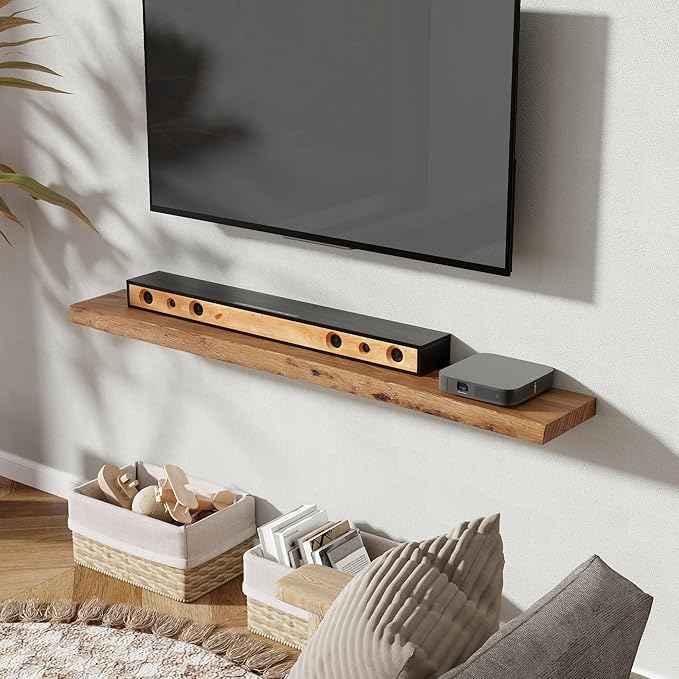 55" Floating Shelves, Live Edge Elm Wood Floating Shelf for Wall, Wall-Mounted Display Shelves with Invisible Heavy-Duty Bracket, Long Floating Shelf for Bathroom, Kitchen, Living Room, Natural Color