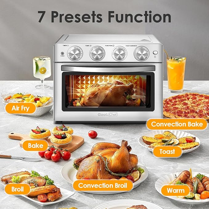 Geek Chef 26 QT Air Fryer Oven, Big Air Fryer, Toast Oven with Bake, Roast, Pizza, Easy to Use & Clean, 6 Slice Toast, Stainless Steel