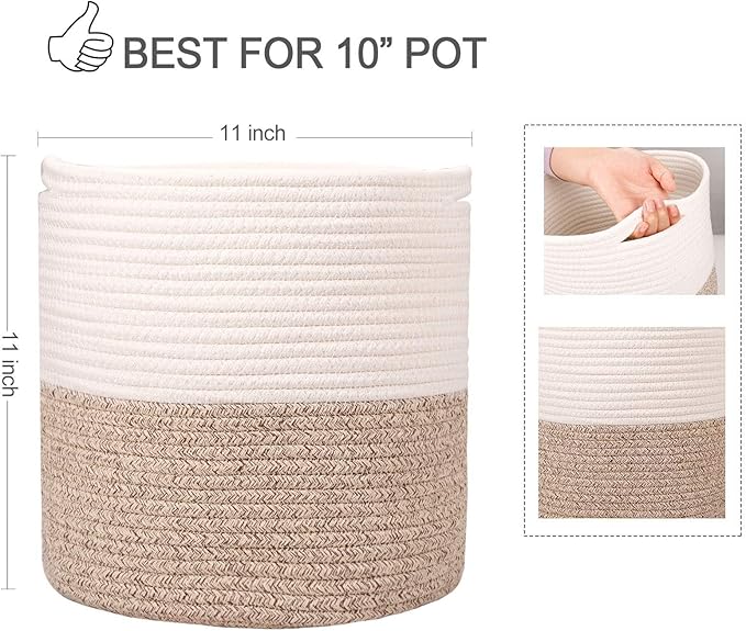 Planter Baskets for Indoor 11" Planters Cotton Rope Flower Plant Pots Cover,Woven Storage Baskets for Crafts, Organization Modern Home Decor 11"x11"Khaki