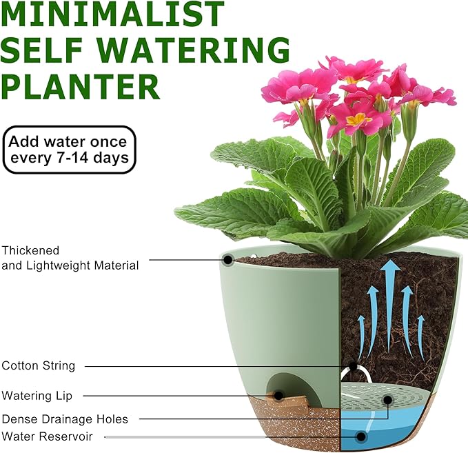 Plant Pots 10/9/8 Inch Self Watering Pots, Set of 3 Plastic Planters with Drainage Holes and Saucers,Plastic Flower Pots,Nursery Planting Pot for Indoor Out Door Plants（Green）
