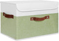 ANMINY Storage Boxes with Lids Washable Decorative Storage Bins Basket with PU Leather Handle Foldable Linen Fabric Storage Cubes Containers for Home Closet Organizer - Green White, Large Size