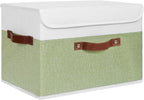 ANMINY Storage Boxes with Lids Washable Decorative Storage Bins Basket with PU Leather Handle Foldable Linen Fabric Storage Cubes Containers for Home Closet Organizer - Green White, Large Size