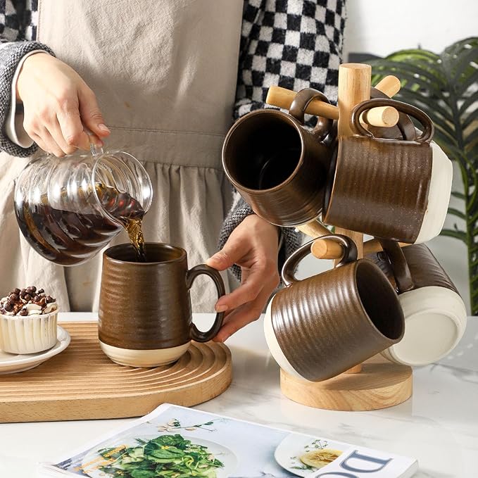 Hasense Porcelain Coffee Mugs Set of 6, 15 Ounce Large Ceramic Coffee Cups Set with Handle for Latte, Tea, Cocoa and Hot Chocolate, Brown Coffee Mugs for Men and Women, Microwave Safe