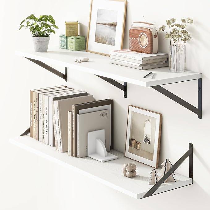 36"W x 10"D Floating Shelves, 10 Inch Deep White Floating Shelves, Farmhouse Rustic Deep Wall Shelves for Home Decor, Wide Large Floating Shelf for Bathroom, Living Room, Kitchen, Study Room