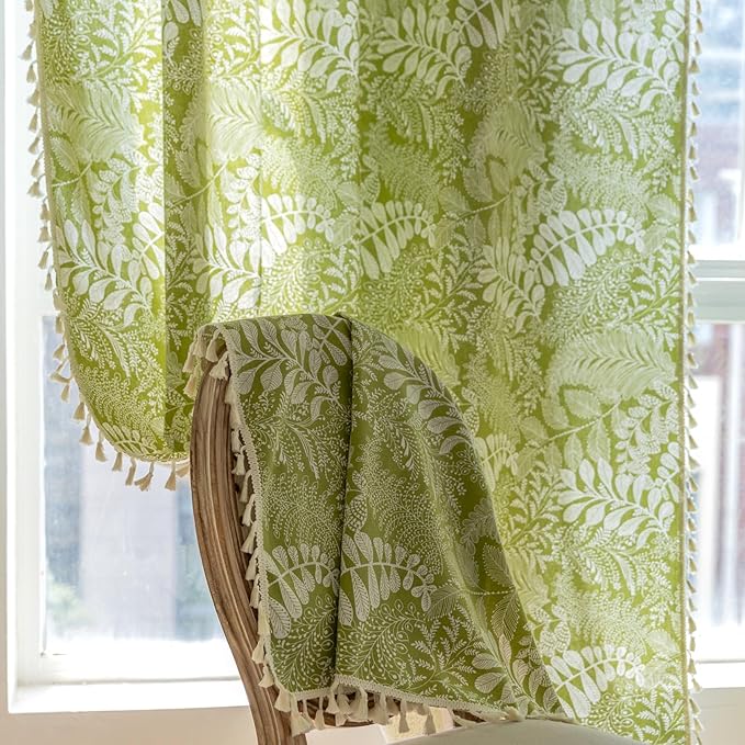 Sutuo Home Boho Curtains 84 Inches Length for Bedroom Living Room, Printed Cotton Linen Rod Pocket Rustic Farmhouse Bohemian Tassels Window Treatment, 1 Panel 59" W x 84" L, Green Botanic Leaves