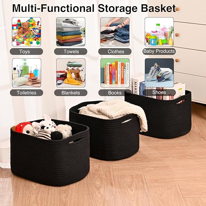 Black Storage Baskets for Organizing Shelves, Toy Basket for Nursery, Woven Cotton Rope Basket for Decor, Towel Baskets for Bathroom, 15"x11"x9.5", 3 Packs, Black
