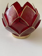 Blooming Lotus Capiz Shell Tealight Candle Holder, Handcrafted Decorative Tea Light Candleholder with Translucent Flower Petals for Ambient Illumination and Natural Elegance, Red