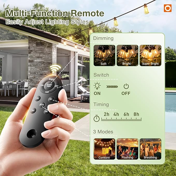 addlon 33(27+6) FT Solar String Lights Waterproof,Patio Light Solar Powered with Remote& USB Port 9+1 LED Shatterproof Bulbs 3 Lighting Modes Outdoor for Camping Backyard Garden
