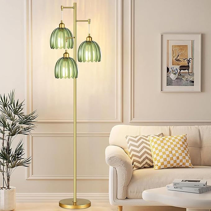 Gold Floor Lamp for Living Room,Bedroom,Mid Century Modern Standing Lamp Brass Tree 3 Light Tall Floor Lamps Vintage Retro Floor Lights Glass Green Flower Lamp Shade Farmhouse Boho Bohemian