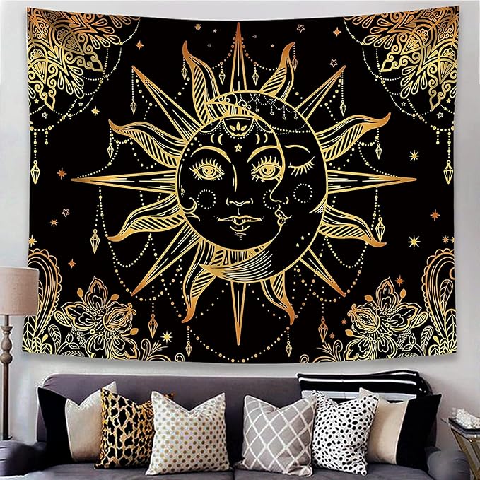 Lunerfex Hippie Sun and Moon Tapestry Bohemian Tapestry Aesthetic Cute Tapestries for Bedroom and Living Room Decor Sun 60×80 Inches