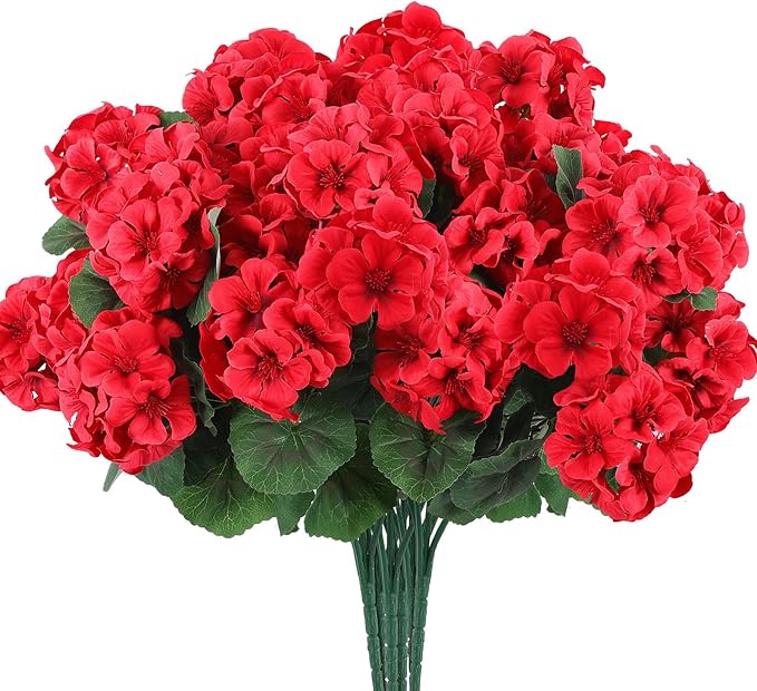 Hananona 24 Pcs Artificial Geranium Flowers for Outdoors Geranium Silk Flowers Outdoor UV Resistant Garden Plants Faux Flowers for Home Kitchen Table Centerpieces Decor (24, Red)