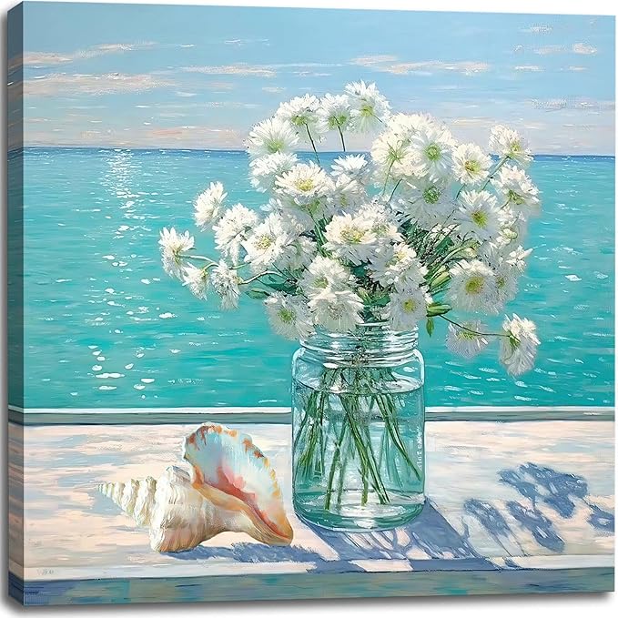 Bathroom Decor Ocean Daisy Flower Canvas Wall Art Coastal Nautical Seashell Seascape Framed Picture Ocean Theme Seascape Painting Artwork for Bedroom Home Decoration Square Blue 14x14"