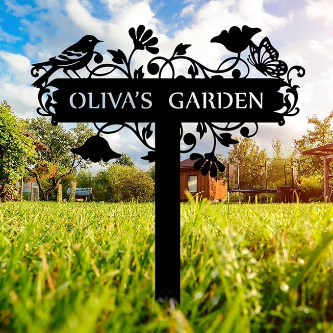 Customized Metal Birds and Flowers, Personalized Garden Sign with Stake, Gardening Decor for Outdoor, Patio and Farmhouse Decorations