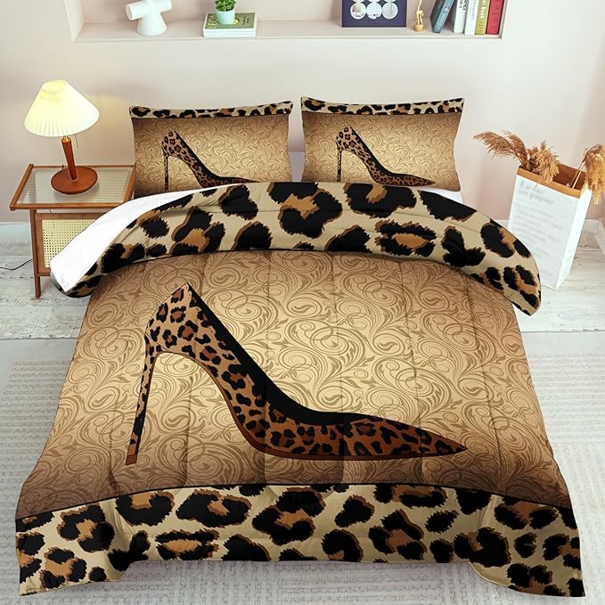 Leopard Comforter Set King Girls,Sexy High Heel Comforter for Women,Leopard Print Bedding Set King Adult,High Heel Quilt Bedroom Decor,African Animal Print Bedding Quilt
