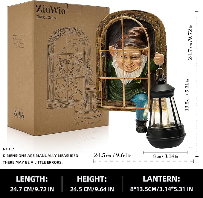 Garden Gnome Decor Outdoor Statue - Gnome With Solar Waterproof Lantern, Whimsical Elf Out The Door Tree Hugger Garden Statues, Home, Fence, Patio, Resin Ornament, Gardening Gift Tree Faces Gnomes