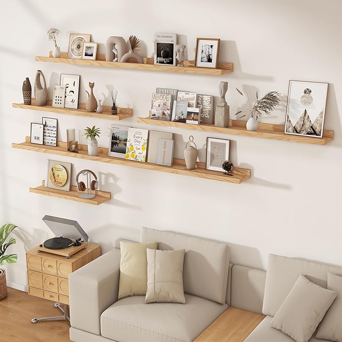 Floating Picture Ledge Shelves 48 Inch Solid Oak Wood Set of 2, Rustic Wall Storage Shelves with Lip, Kids Bookshelf, Photo & Picture Ledge Shelves for Bedroom, Living Room, Kitchen
