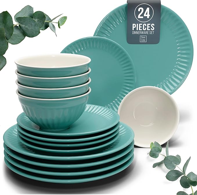 Stoneware Dinnerware Set for 8 People HYGGE 24-Piece - Elegant Scandi Design - Premium Dish Set - Bowl and Plate Set - Tableware for 8 People in a Ribbed Design - Pure Living in Green