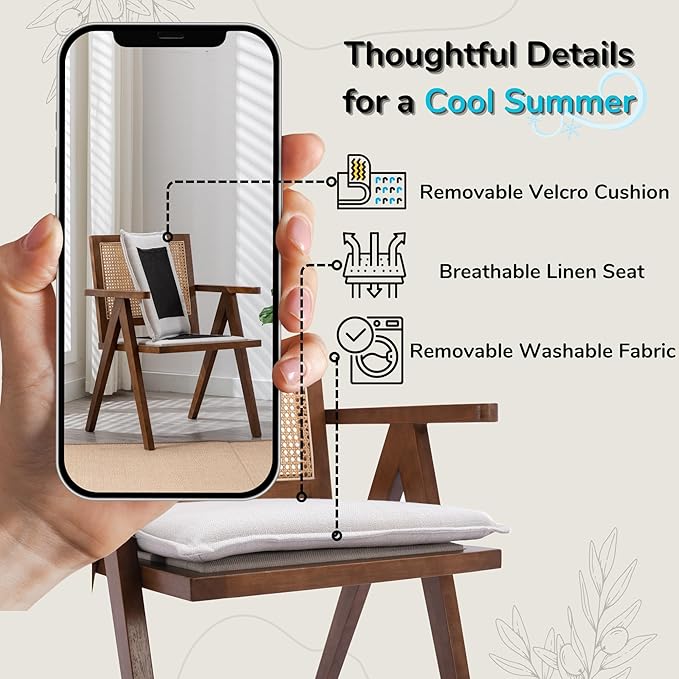 Rattan Dining Chairs Set of 2, Farmhouse Wicker Dining Chairs with Removable Linen Cushion Accent Cane Armchair for Dining Room Kitchen Restaurant, Walnut
