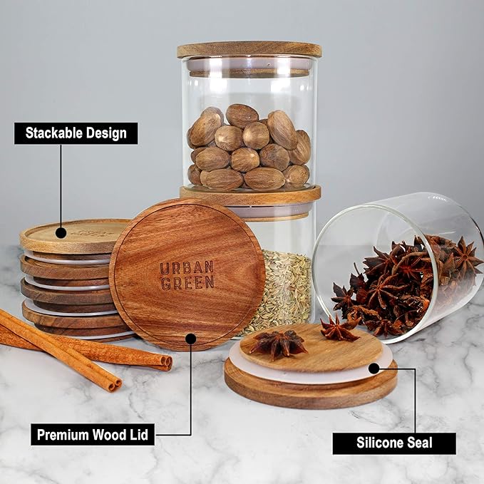 Urban Green Glass Jars with Airtight Lids, Airtight Glass Canisters set, Large Food Storage Containers with Wood Lids, 2 Pack of 100oz， Dry Food Pantry Jars, Flour Containers