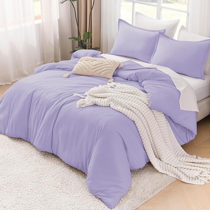 Litanika Lavender Purple Comforters Queen Size, 3 Pieces Lightweight Solid Bedding Comforter Set, All Season Fluffy Bed Set (90x90In Comforter & 2 Pillowcases)