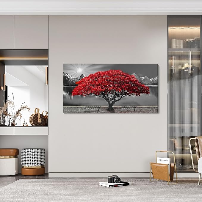 Black and White Red Tree Wall Art Canvas Print Picture Large Red Tree Landscape Modern Artwork for Living Room Bedroom Office Home Wall Decoration Decor With Frame 20x40in