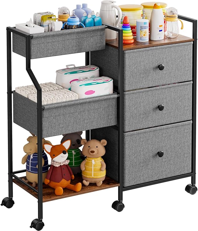 Baby Diaper Caddy Organizer and Storage - 3 Tier Rolling Cart with Dividers and Drawers, Easy To Assemble, Mobile Utility Cart with Wheels for Nursery, Bedroom, Changing Table & Crib