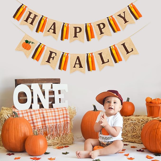 Happy Fall Pumpkin Burlap Pennant Banner Flag Felt Happy Fall Sign and Pumpkin Pattern with Fall Color Ribbon for Fall Autumn Harvest Thanksgiving Day Birthday Baby Shower Party Decorations Supplies