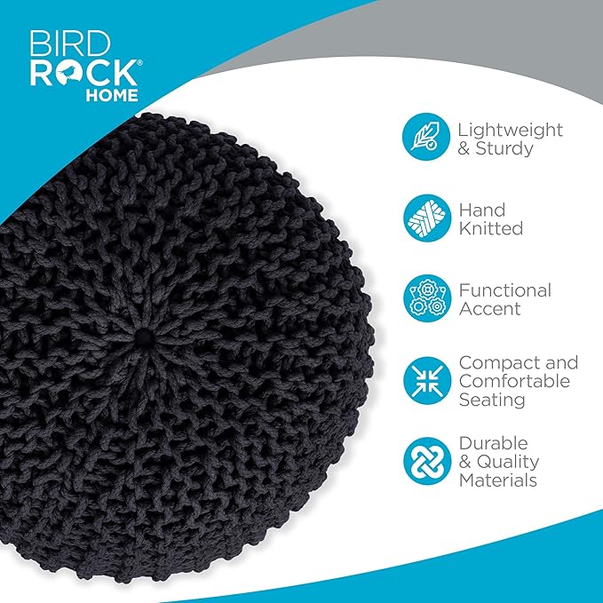 BIRDROCK HOME Round Pouf Ottoman | Cotton Braided Foot Stool with Bean Bag Filling | Boho Foot Rest for Living Room & Bedroom | Compact & Comfortable Seating, Lightweight & Soft | Charcoal