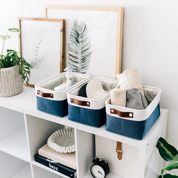OrganiHaus Small Fabric Storage Baskets for Shelves 6 Pack, 12x8in Closet Storage Bins for Shelves, Cloth Baskets for Organizing, Linen Closet Organizers, Fabric Basket, Navy Blue/White