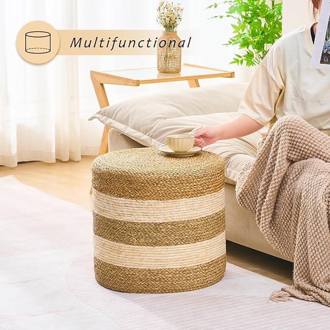 Handwoven Ottoman Pouf, Natural Seagrass Footstool, Round Braided Outdoor Seat with Sturdy Frame, Boho Accent Stool for Patio, Balcony, or Garden (Seagrass White)