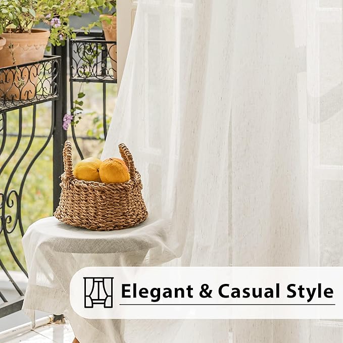 FMFUNCTEX Linen Sheer Curtains for Living Room, Beige Curtains 108 inches Long for Bedroom, Natural Flax Blend Window Draperies for Farmhouse Curtain, Rod Pocket 2 Panels
