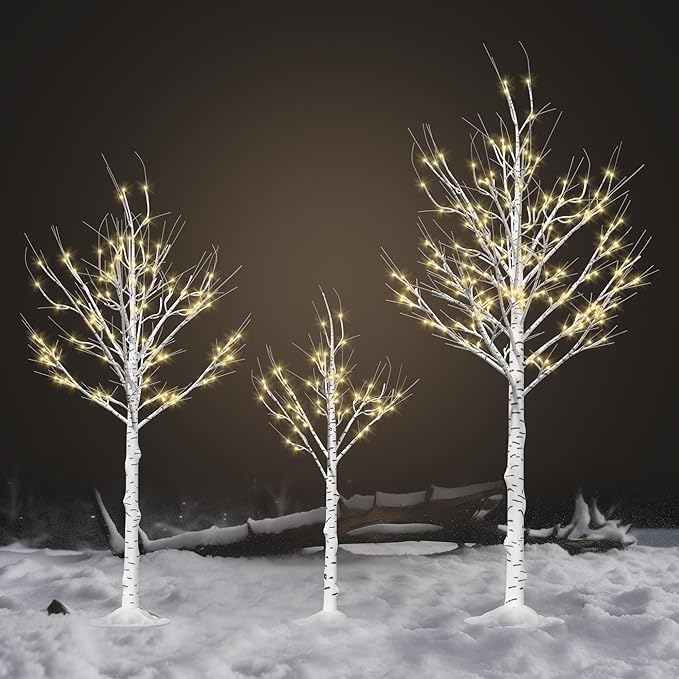Outdoor Christmas Decorations Lighted Birch Tree Set of 3, LED Warm White 4, 6 and 8 Feet, for Indoor Christmas Decor, Party, Garden, Yard, Wedding, Holiday