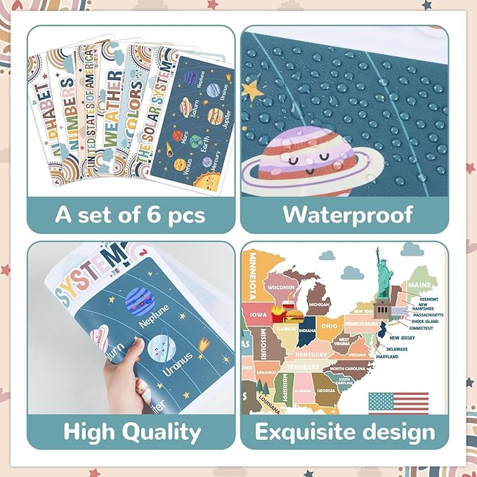 Educational Preschool Kids Placemats Set of 6 Boho Plastic Table Mats Toddler Children Montessori Place Mats for Kids Washable Holiday Desk Decoration for Indoor Outdoor Party Kitchen Dining Table