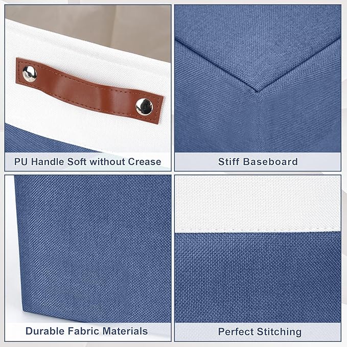 Storage Bins Large Fabric Storage Baskets for Shelves 3 Pack, Decorative Linen Closet Baskets with Handles for Organizing, Shelf, Clothes, Home, Office, 15x11x9.5Inches (NavyBlue&White)