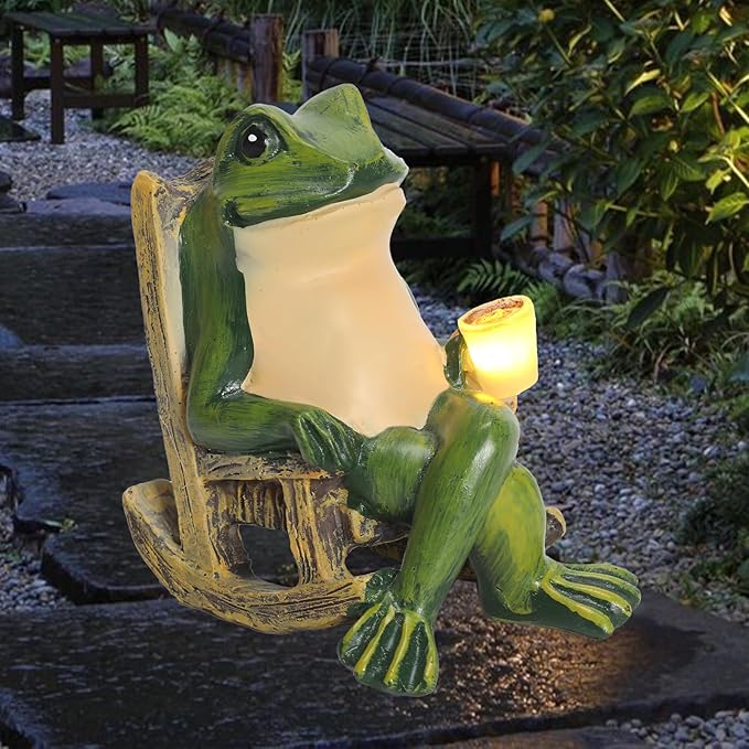 Miniature Frog Garden Statue Solar Light Outdoor Decor Frog Figurine for Outdoor Indoor Home Lawn Yard Balcony Porch Patio for Women Mom Grandma 3.74"x2.75"x3.93"