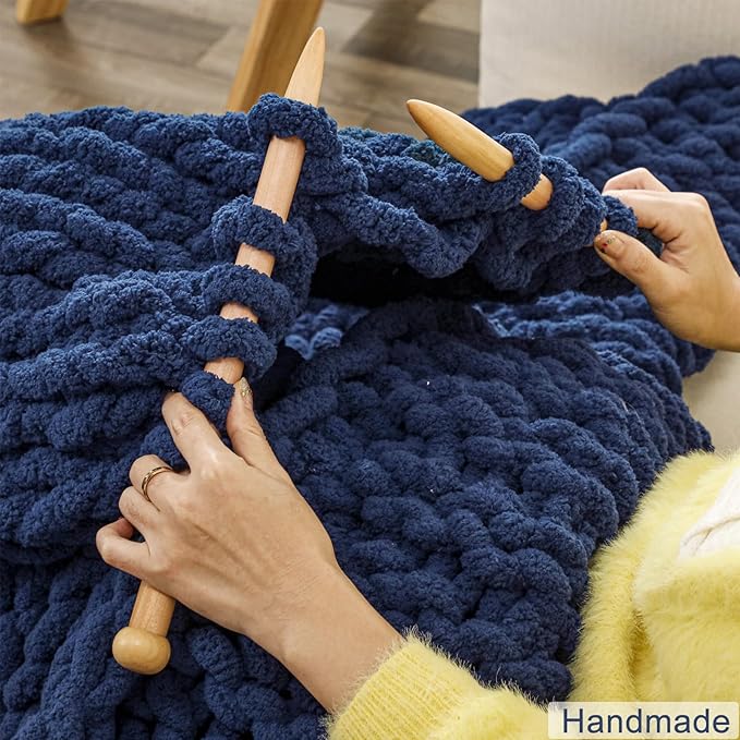 WESHIONGOO Chunky Knit Blanket Throw 40"*40" Knitted Throw Blankets for Couch Bed Fluffy Soft Blanket with Jumbo Chenille Yarn Thick 100% Handmade(Navy Blue)