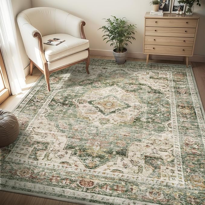 AMOAMI-4X6 Area Rugs for Living Room -Soft Vintage Bedroom Rugs-Non Slip Washable Rug-Throw for Living Room Bedroom Bedside Dining Room Office Green