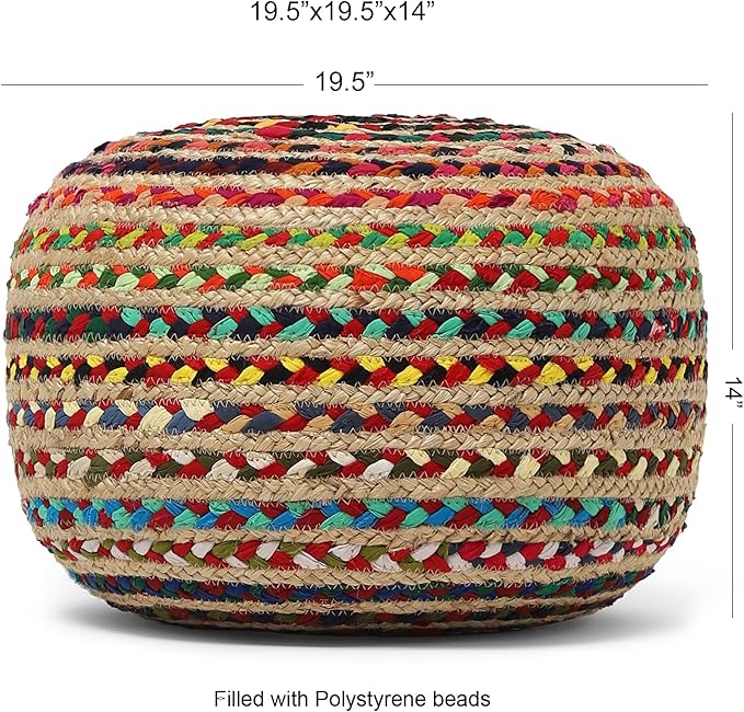 REDEARTH · Round Pouf Ottoman - Braided Boho Poof Home Décor Pouffe Accent Sitting Circular Foot Rest for Living Room, Bedroom, Nursery, Lounge; Jute and Cotton Set of 2 (19.5"x19.5"x14"; Multi)