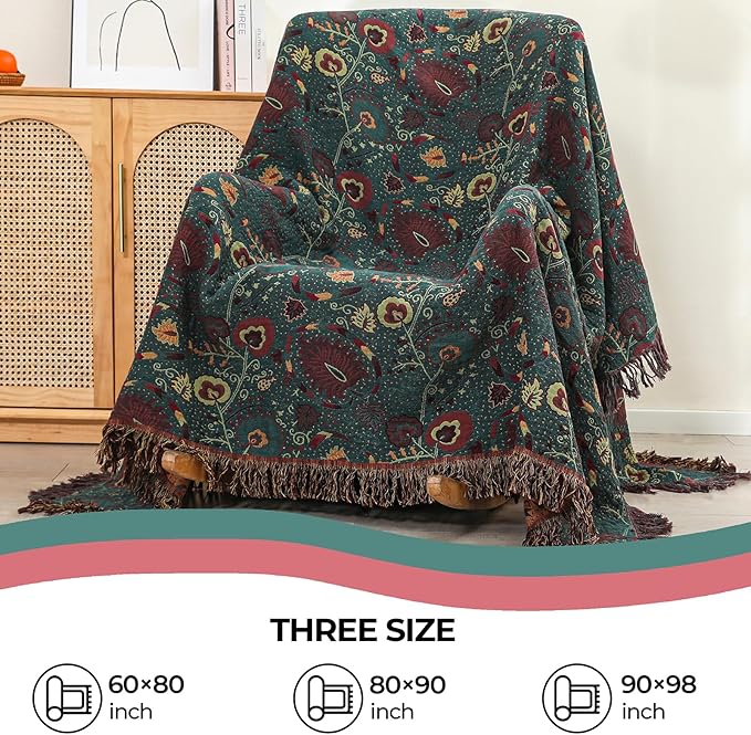 Boho Fall Throw Blanket for Bed，100% Ultra Cotton Soft Breathable Bed Throw Floral Printed Farmhouse Decor Rustic Bed Throws for Couch Sofa Quilt 90" x 98"
