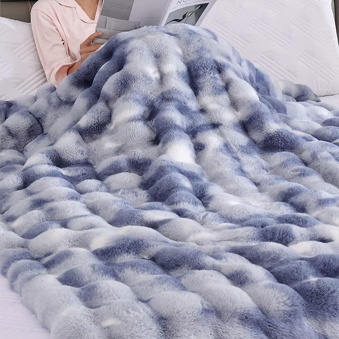 Tie-dye Blue Twin Cozy Faux Fur Blanket for Couch Bed Living Room 60x80 Furry Soft Fluffy Thick Warm Throw Blanket for Winter Home Gifts 860 GSM