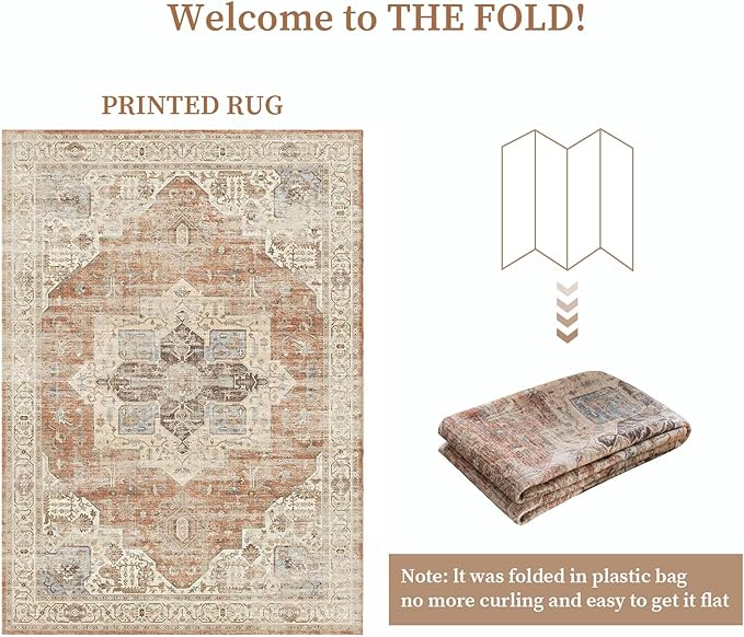 6'x9' Area Rug - Vintage Persian Medallion Design Low-Pile Faux Wool Rug, Non-Slip Backing, Machine Washable, for Living Room, Dining Room, Bedroom (Brick Red)