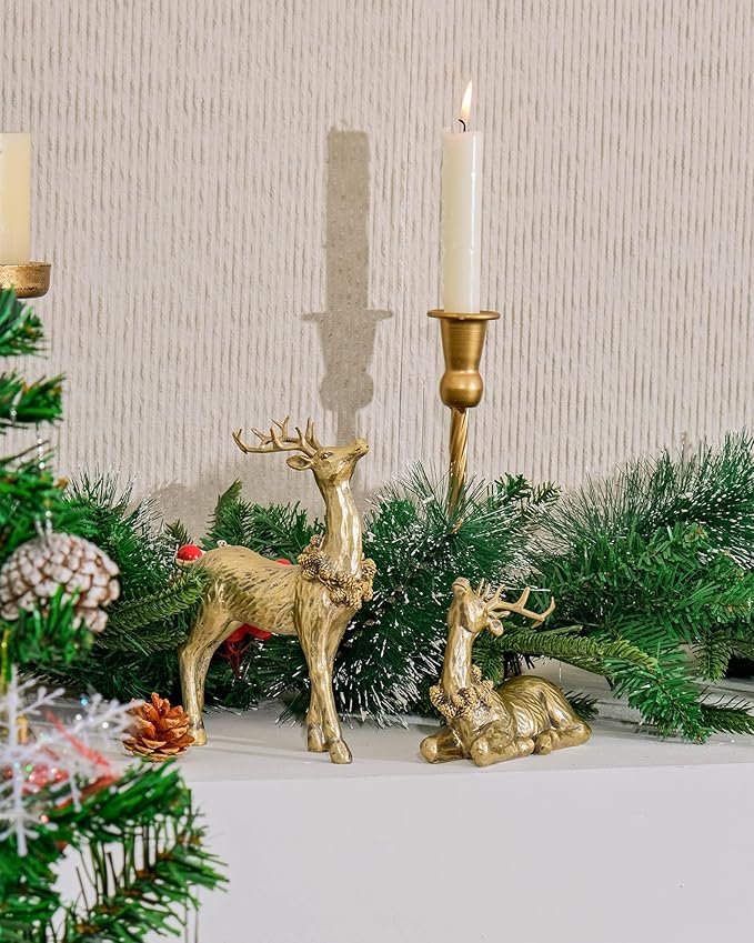 DN DECONATION 2pcs Gold Christmas Reindeer Statue, Christmas Clearance Small Resin Reindeer Figurine Indoor, Tabletop Reindeer Christmas Decor, Deer Figurine Decorations for Home
