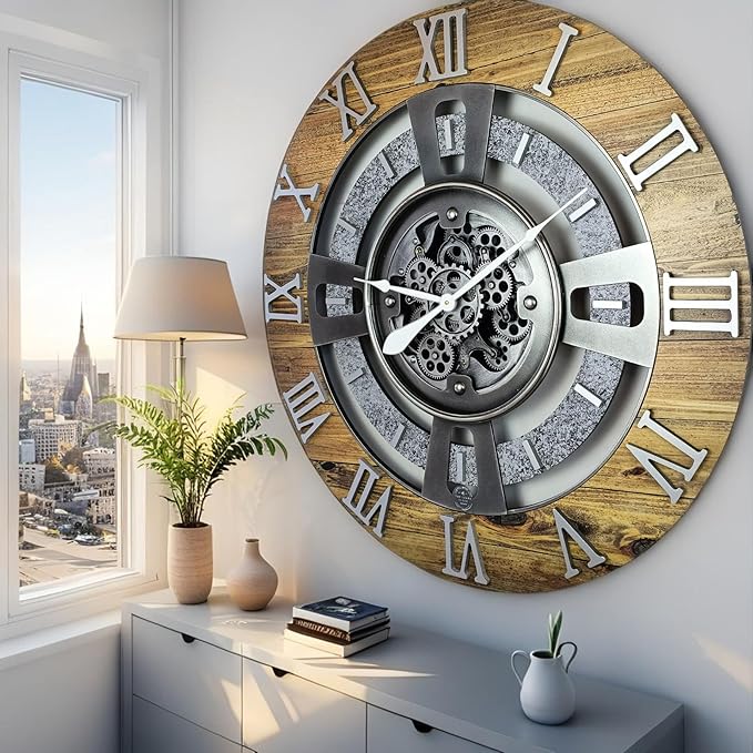 The Gears Clock Real Moving Gear Wall Clock England Line (Wood & Stone, 36 inches (90 cm))