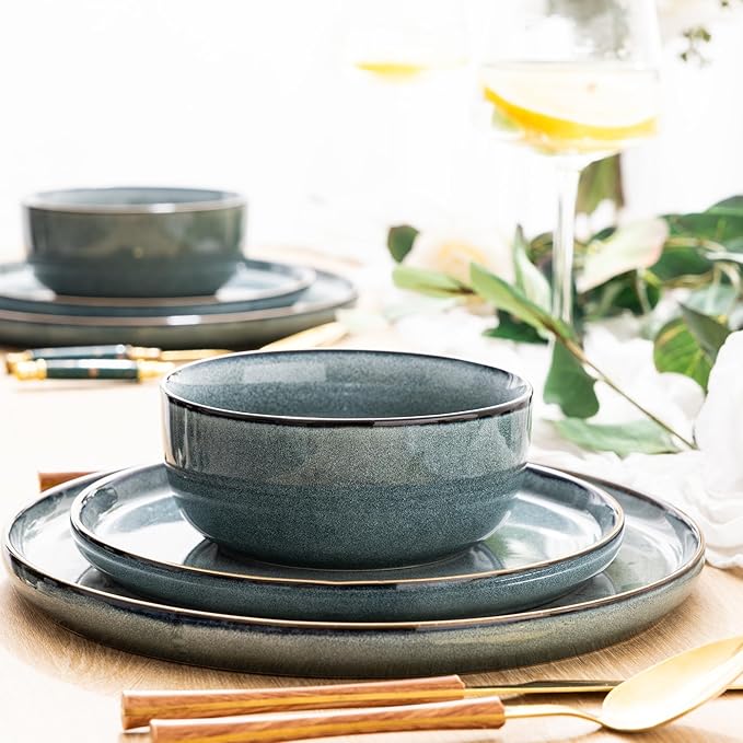 GBHOME Ceramic Dinnerware Sets for 4, 12 Pieces Stoneware Plates and Bowls Sets, Reactive Glaze Dishes -Scratch Resistant, Dishwasher&Microwave Safe, Space Blue