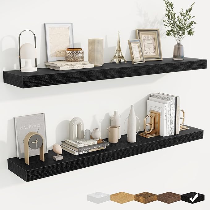 fuqing Floating Shelves for Wall, Bathroom Shelf Wall Mounted for Storage, Shelves with Invisible Bracket for Bedroom, Kitchen, Living Room, Farmhouse Small Book Shelf, 48 Inch Set of 2, Black
