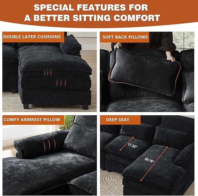113" Oversized Cloud Couch, U Shape Sectional 4 Seat Sofa with Double Chaises, 2 Layer Cusions, Deep Seat Comfy Sofa, Upholstery Chenille Fabric for Living Room, Black