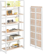 4NM No Assembly Foldable Bookshelf, 6-Shelf Collapsible Bookcase Storage for Small Spaces, 74" H, Natural White