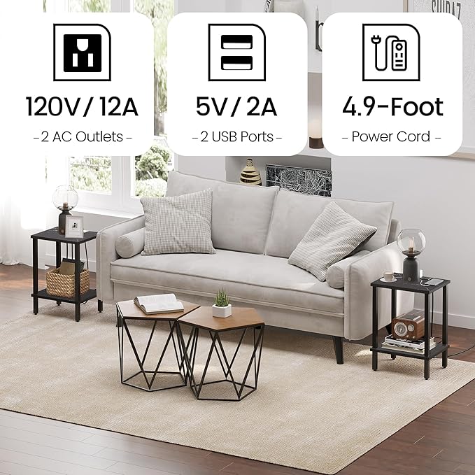 TUTOTAK End Table with Charging Station, Small Side Table, Nightstand Bedside Table, 2-Tier Storage Shelf for Small Space, Living Room, Bedroom, Marble Black TB01BMK040