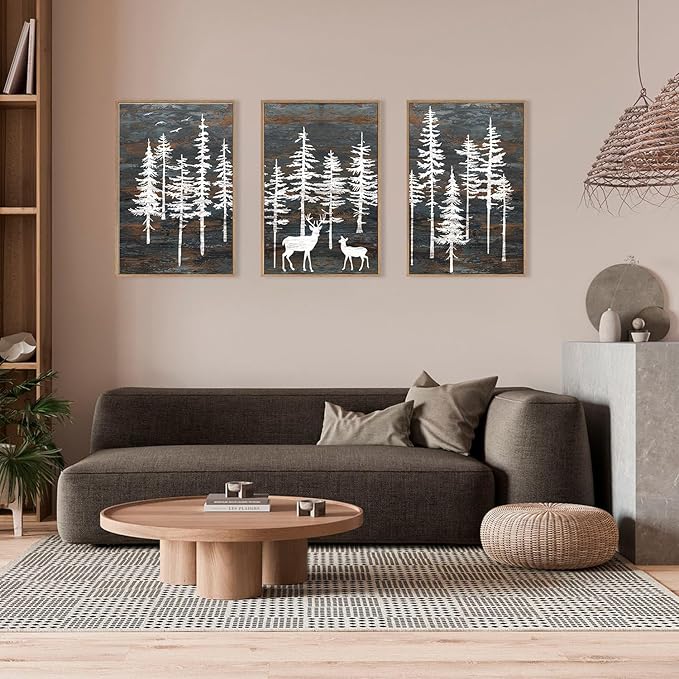 Modern White Forest Framed Canvas Wall Art Set, Minimalist Woodland Art Painting, Retro Tree Landscape Wall Decor, Wildland Deer Artwork for Living Room, Dining Room, Office - 16"x24"x3