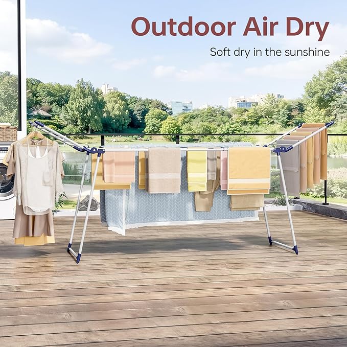 APEXCHASER Clothes Drying Rack Foldable, Large Drying Rack for Clothing Retractable, Winged Laundry Rack Folding Indoor Outdoor, Metal Clothes Airer for Bedding Towel Sweater Heavy Duty, White